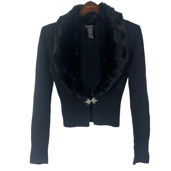 VTG Women Black 100% Rabbit Fur Cardigan Size S Knit Sweater Jeweled XOXO Real - Picture 4 of 6
